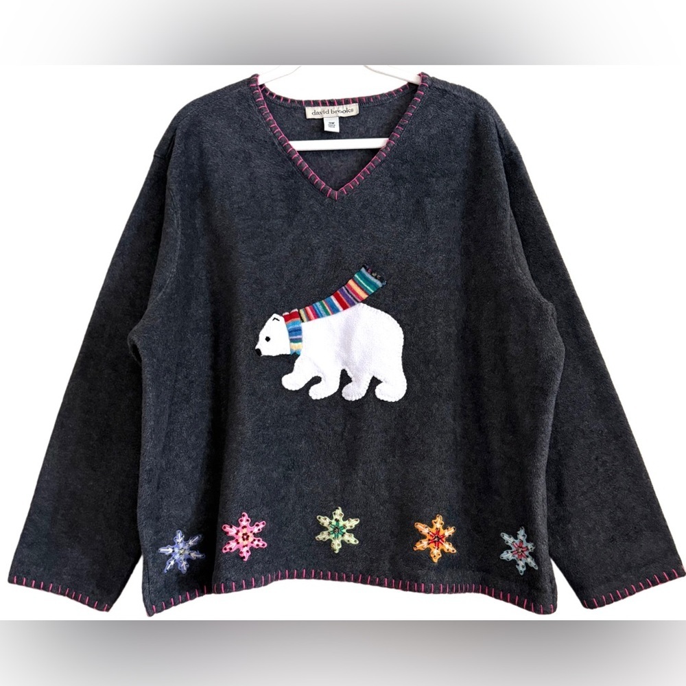 David Brooks Soft Cozy Comfy Embroidered Appliqué Polar Bear Fleece Sweater 3W